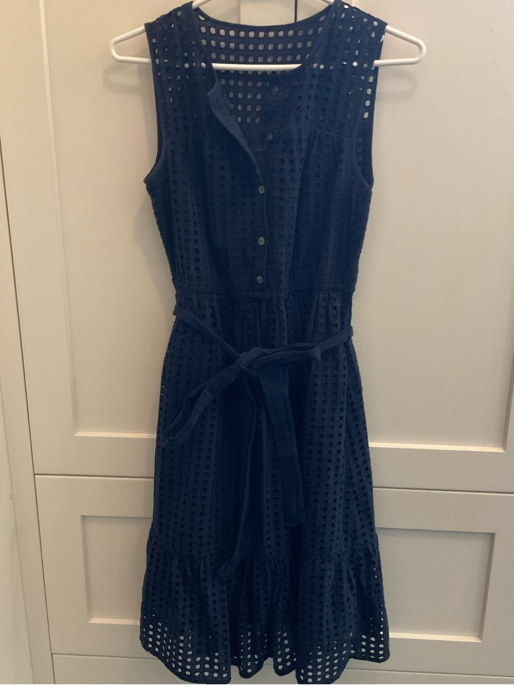 J. Crew Navy Sleeveless Eyelet Tie-Waist Midi Dress Size 0